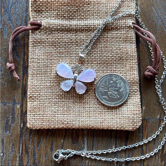 Rose Quartz Butterfly Necklace Rose Quartz Pendant Genuine Rose Quartz Necklace - Picture 2 of 3